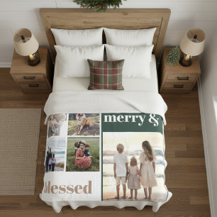 Joyful Merry Blessed Family Christmas Photo Green Fleece Blanket
