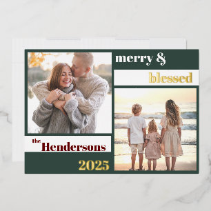Joyful Merry Blessed Family Christmas Photo Green Foil Holiday Card
