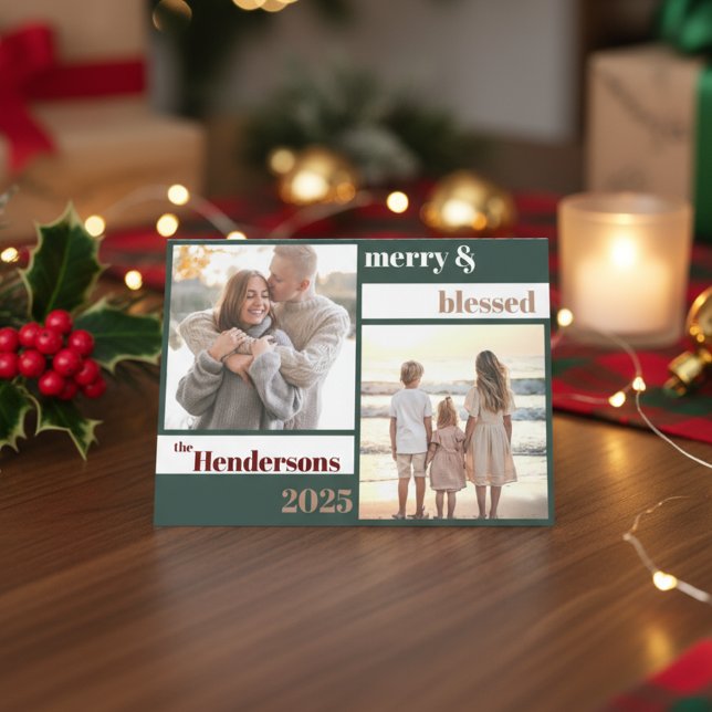 Joyful Merry Blessed Family Christmas Photo Green Holiday Card (Creator Uploaded)