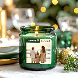 Joyful Merry Blessed Family Christmas Photo Green Square Sticker