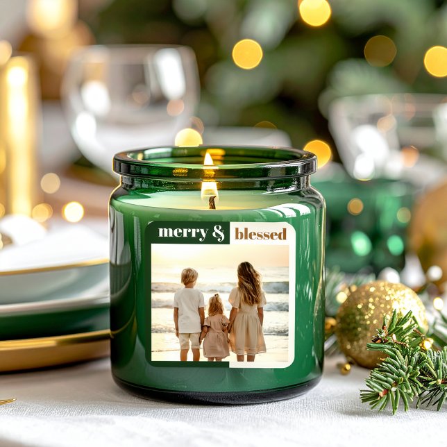 Joyful Merry Blessed Family Christmas Photo Green Square Sticker (Creator Uploaded)