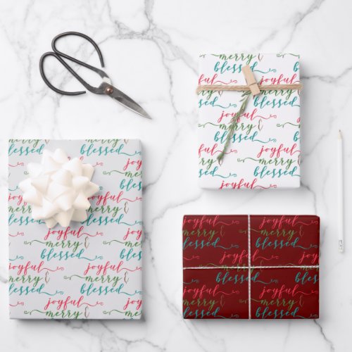 Joyful Merry Blessed Modern Trio Wrapping Paper Sheets