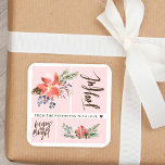 Joyful Merry & Bright Watercolor Floral Christmas Square Sticker<br><div class="desc">Modern trendy blush pink square sticker featuring a Christmas seasonal watercolor flowers bouquet with a red brick terracotta poinsettia flower,  a pinecone,  sage hunter green fir boughs,  red berries and foliage with "Joyful" "Merry and Bright" trendy calligraphy hand-lettered script.</div>
