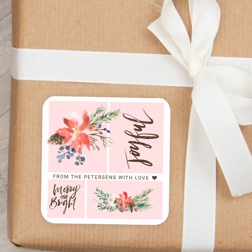 Joyful Merry  Bright Watercolor Floral Christmas Square Sticker