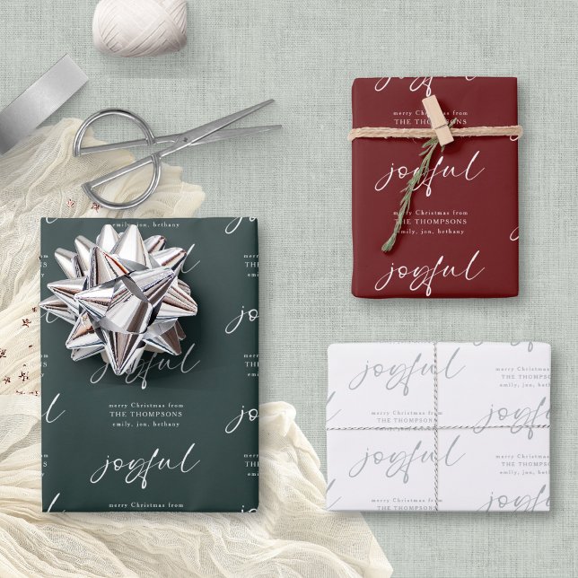 Joyful Merry Christmas Name Green Burgundy White Wrapping Paper Sheets (3 colorways - background colors can be changed if you wish)