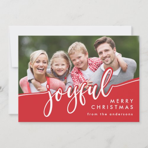 JOYFUL Merry Christmas Red White Family Photo Holiday Card