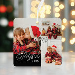 Joyful Minimal Photo Collage Present Ribbon Black Metal Ornament<br><div class="desc">A beautiful minimal photo collage Christmas ornament. Customize with three of your favorite family photos. Joyful is written in a modern script font along with the year and names on the back. The perfect gift to give to your family this holiday season. Designed by Moodthology papery</div>