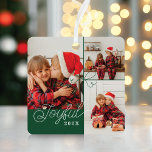 Joyful Minimal Photo Collage Present Ribbon Green Metal Ornament<br><div class="desc">A beautiful minimal photo collage Christmas ornament. Customize with three of your favorite family photos. Joyful is written in a modern script font along with the year and names on the back. The perfect gift to give to your family this holiday season. Designed by Moodthology papery</div>