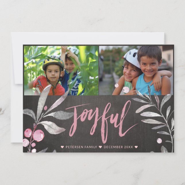 Joyful Mistletoe 2 Photo Collage Chalkboard Holiday Card (Front)
