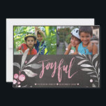 Joyful Mistletoe 2 Photo Collage Chalkboard Holiday Card<br><div class="desc">Dark gray charcoal chalkboard,  light gray and blush pink foliage mistletoe,  and a "Joyful" hand lettering chic calligraphy making a modern rustic inspired Christmas photo collage card.            Personalize it with two custom landscape oriented photos and your signature!</div>