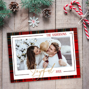 Joyful modern 1 family photo christmas red plaid holiday card