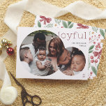 Joyful | Modern 2 Photo Christmas Holiday Card<br><div class="desc">Spread holiday cheer with this chic and elegant Christmas card! Featuring two round photos, the design gives your favorite family moments a modern twist. The smaller circle photo is artfully overlaid on the larger one, creating a balanced and stylish layout. The word “joyful” is printed in minimalist red typography in...</div>