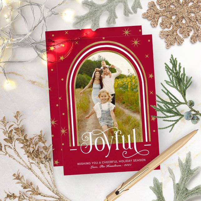 Joyful Modern Arch Frame Family Photo Red Holiday Card (Creator Uploaded)
