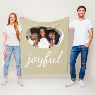 Joyful Modern Beige Script Christmas Holiday Photo Fleece Blanket
