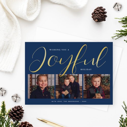 Joyful Modern Blue and Gold Script Photo Collage Foil Holiday Card