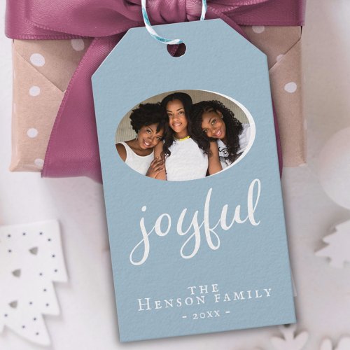 Joyful Modern Blush Blue Christmas Holiday Photo Gift Tags