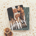 Joyful Modern Brushed Script Family Photo Holiday<br><div class="desc">A simple design with a strong message, "joyful" is the spirit of Christmas! This modern design features a photo of your choice with "joyful" written across the bottom in modern hand-lettered brush script calligraphy. In the bottom right-hand corner it shows your family name and the year. These cards reverse to...</div>