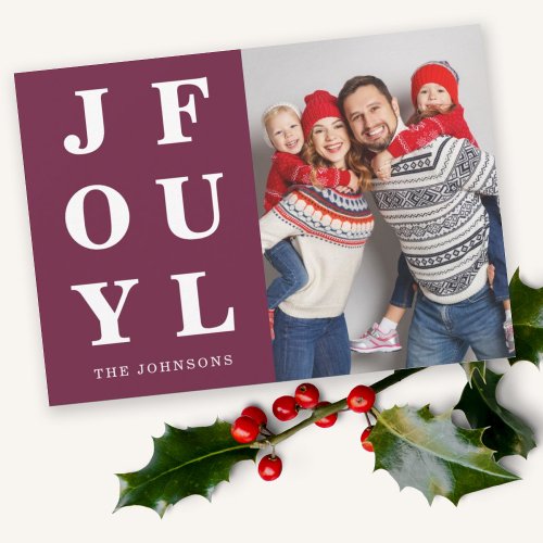 Joyful Modern Burgundy Photo Christmas Holiday Card