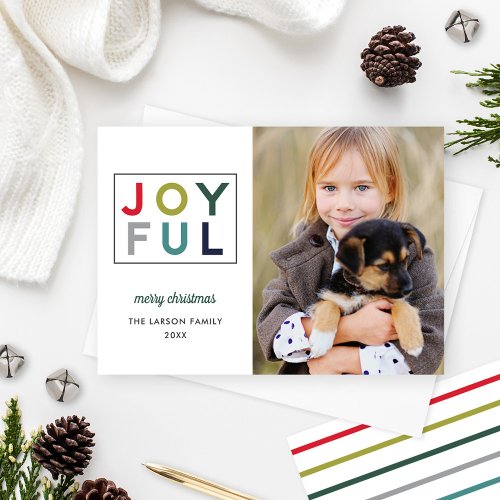 Joyful Modern Colorful Red Green Lettering Photo Holiday Card