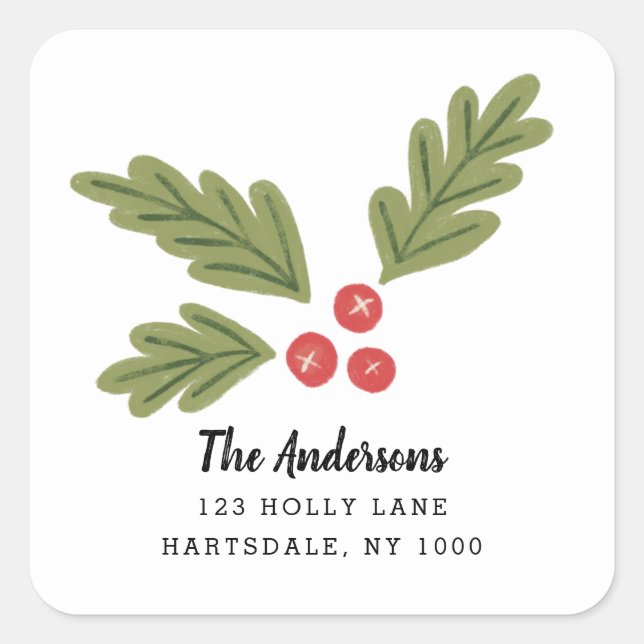 Joyful Modern Fun Holiday Berry Christmas Address Square Sticker (Front)