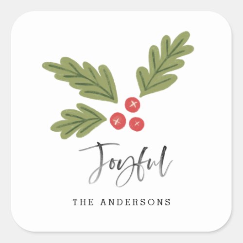 Joyful Modern Fun Holiday Berry Christmas Name Square Sticker