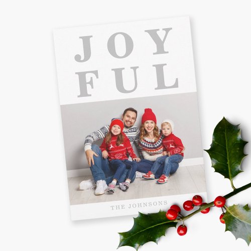 Joyful Modern Gray Photo Christmas Holiday Card