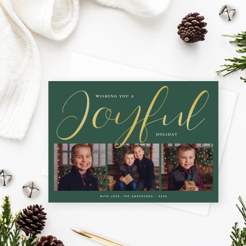 Joyful Modern Green and Gold Script Photo Collage Foil Holiday Card