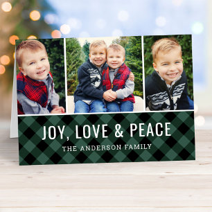 Joyful Modern Green Buffalo Plaid Photo Collage Holiday Card