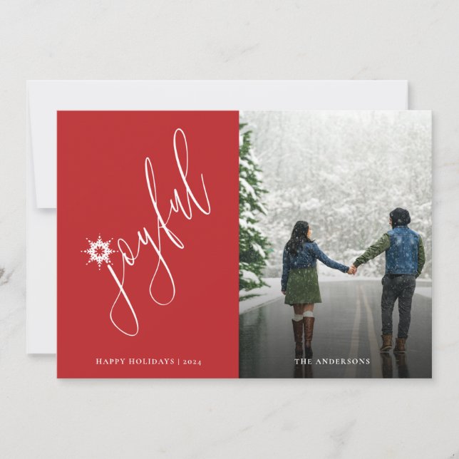 Joyful Modern Handwritten Script Photo Holiday Car Card (Front)