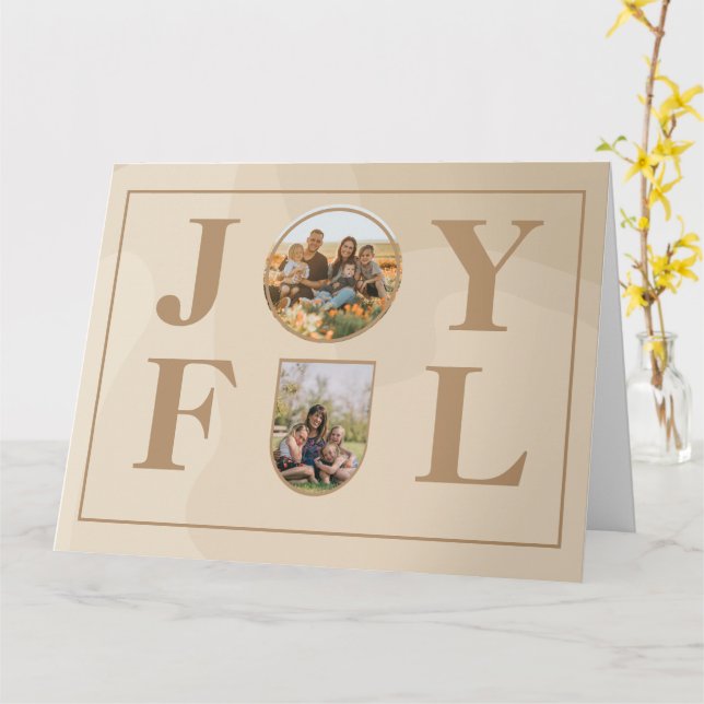 Joyful | Modern Minimalist Beige Arch Two Photo  Card (Yellow Flower)