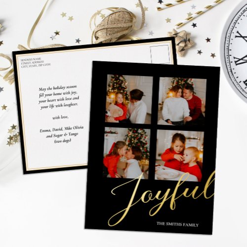Joyful Modern Minimalist Black Gold Script Photo Foil Holiday Postcard
