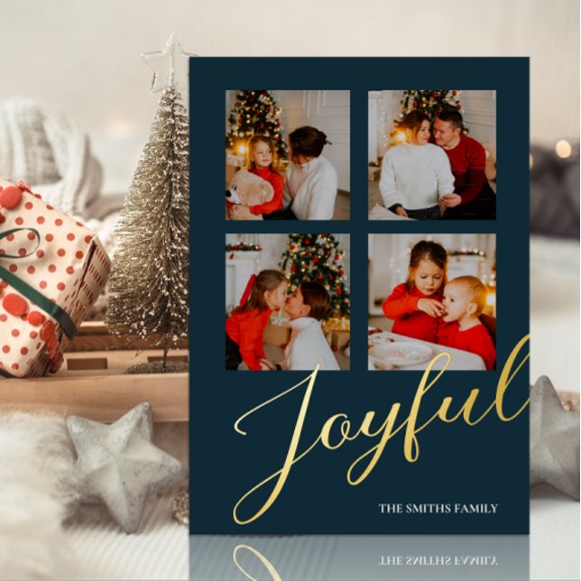 Joyful Modern Minimalist Blue Gold Script Photo Foil Holiday Card (Creator Uploaded)