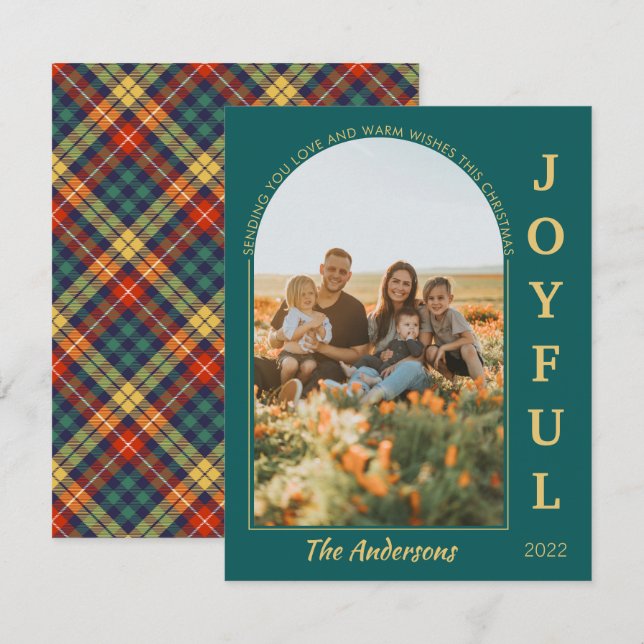 Joyful Modern Minimalist Elegant Arch Photo Green  Holiday Card (Front/Back)