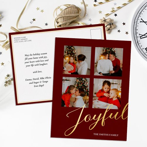 Joyful Modern Minimalist Red Gold Script Photo Foil Holiday Postcard
