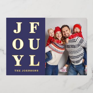 Joyful Modern Navy Blue Photo Christmas Gold