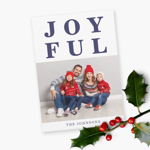 Joyful Modern Navy Blue Photo Christmas Holiday Card