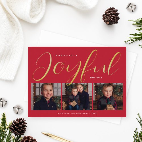 Joyful Modern Red and Gold Script Photo Collage Foil Holiday Card