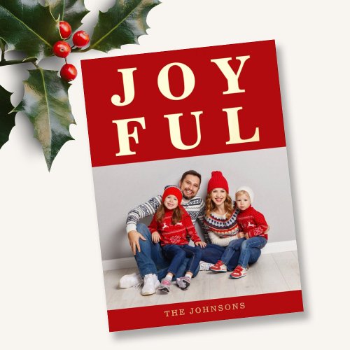 Joyful Modern Red Photo Christmas Gold Foil Holiday Card