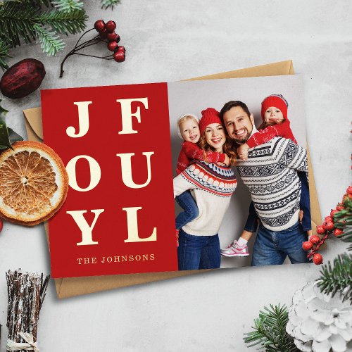 Joyful Modern Red Photo Christmas Gold Foil Holiday Card