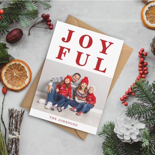 Joyful Modern Red Photo Christmas Holiday Card