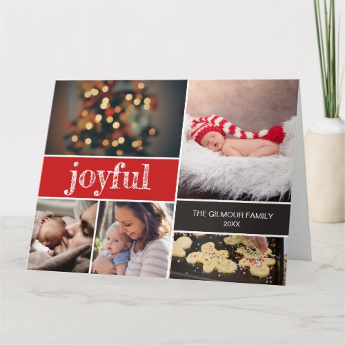 Joyful Modern Script Red Christmas photo collage Card