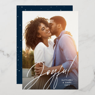 Joyful modern script silver navy Christmas photo Foil Holiday Card
