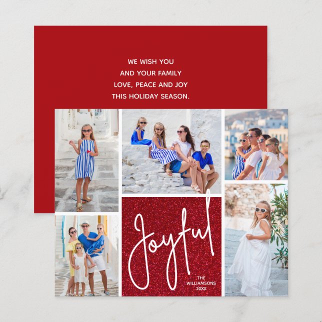 JOYFUL Multi Photo Budget Red Holiday Cards (Front/Back)