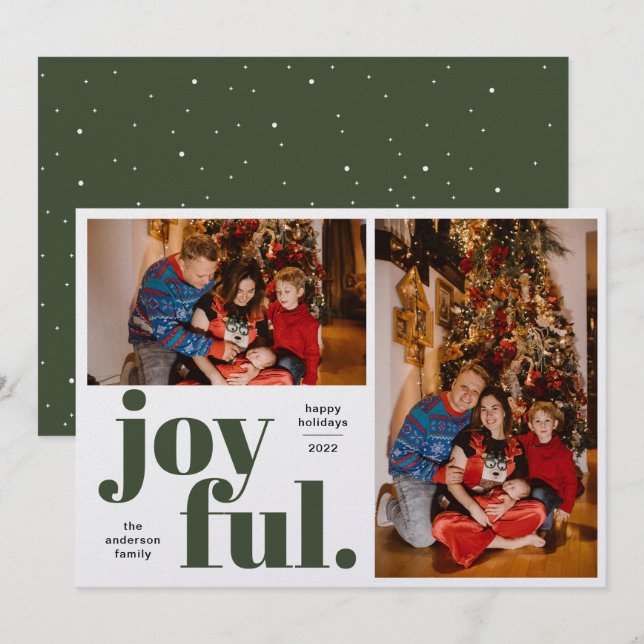 Joyful Multi Photo Green Holiday Card (Front/Back)