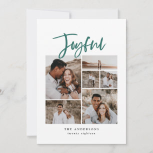 Joyful multi photo holiday Christmas teal Card