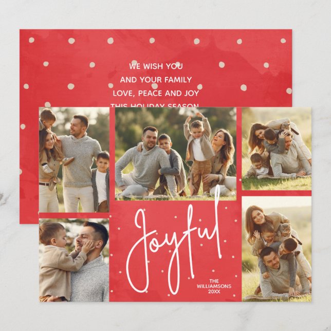 JOYFUL Multi Photo Red Christmas Holiday Card (Front/Back)