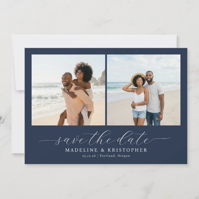Joyful Navy Beach Photo Collage Save The Date (Front)