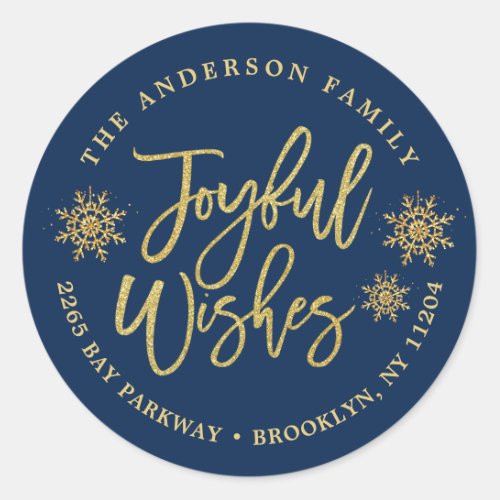 Joyful Navy Blue Faux Gold Holiday Return Address Classic Round Sticker