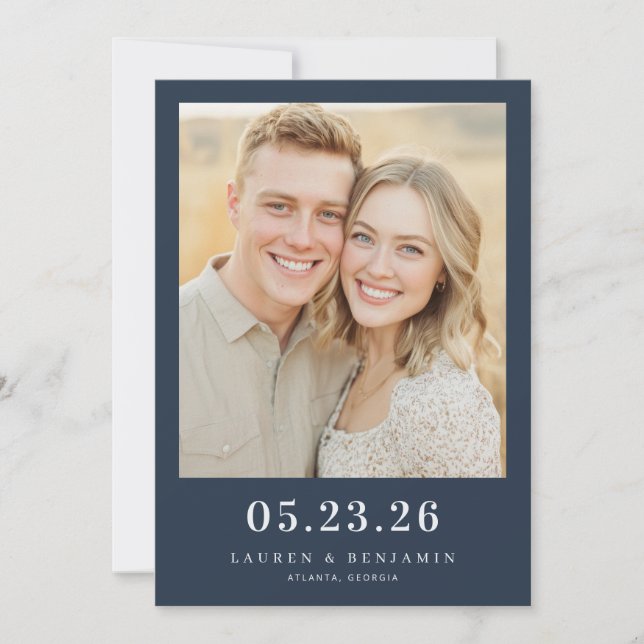 Joyful Navy Contemporary Photo Save The Date (Front)