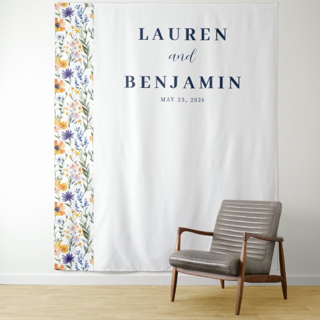 Joyful Navy Floral Wedding Banner Tapestry (In Situ)